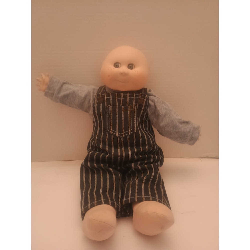 Vintage Cabbage Patch Doll Blue Eyes Jean Overalls Bald 1982 Erra 17" Tall